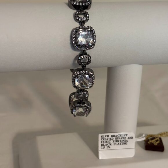Silver Bracelet Created Quartz and Cubic Zirconia Black Plating 7.5" - Picture 11 of 16